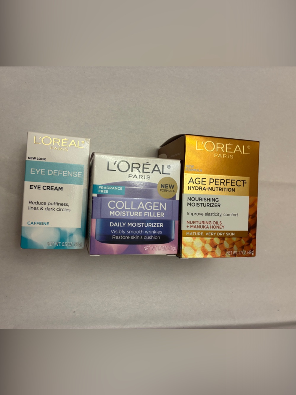 L'Oreal Skincare Set - collagen, eye defense & hydra nutrition Age Perfect.